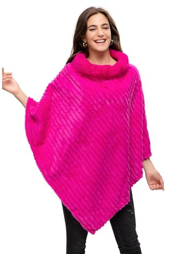 Glamexx24 damponcho elegant cape vinterpäls-poncho med rund hals, tjock kappa av varm stickad päls, Neonrosa, one size