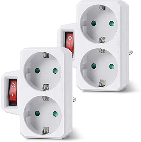 KEALLANS Plug-adapter, dubbelt uttag för uttag, dubbelt uttag med 3 800 W strömbrytare för kontor eller resor, EU- (förpackning med 2)