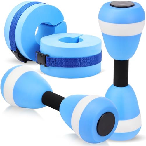 Seenelling Blue 4 Pcs Water Aerobics Set Aquatic Exercise 2 Foam Dumbbells and 2 Foam Aquatic Cuffs Ankle Arm Pool Resistance Fitness Weights Equipment for Training Water Workouts