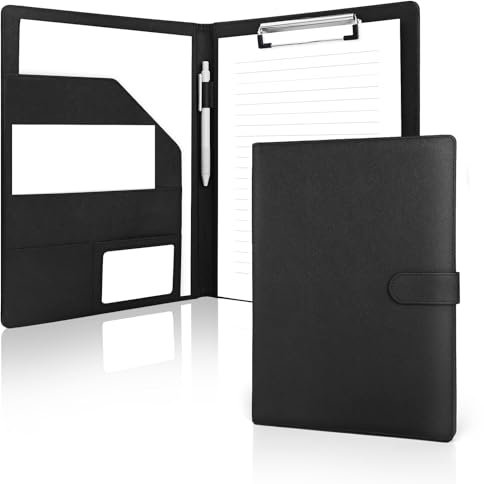 Klemmbrett A4 mit Deckel, KlemmbrettMappe A4, Schreibmappe Klemmbrettmappe in Schwarz mit Schreibblock Dokumentenfächern Stifthalter und Magnetverschluss für Bürobedarf Schule