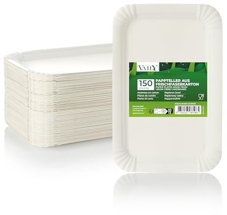 Vaily Paper Plates 13 x 20 cm Square Pack of 150 for Cakes, Rolls, Party Plates, Serving Dishes - Disposable Plates, Disposable Tableware, Cake Plates for Barbecues, Parties and Birthdays, White