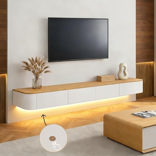 Mueble TV Suspendido Moderna con luz LED |Consola de Medios de Entretenimiento Montada en la Pared | Banco de TV con Gran Capacidad de Almacenamiento para Sala de Estar y Oficina(Madera+blanca,160cm)