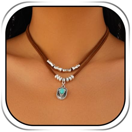 Evlry Boho Layered Turquoise Necklace Silver Beaded Choker Necklaces Accessories for Women