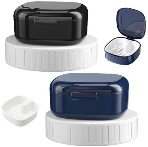 Rieoany 2 Pezzi Scatola Apparecchio Denti Cestello Filtro Rimovibile Porta Dentiera Plastica Resistente A Polvere E Macchie Portatile Porta Apparecchio Denti Nero E Blu Reale