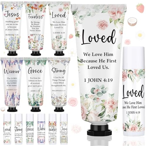 Loopeer 6 Sets Christian Hand Cream Bulk and Lip Balm Bulk Sets Christian Gifts for Women Religious Travel Size Moisturizing Lip Care Mini Religious Hand Creams for Church Coworker Communion Favor