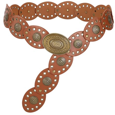 LEACOOLKEY Hollow Western Disc Belt for Dress Boho Concho Belt Vintage Country Waist Belts for Women
