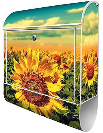 banjado® Design Briefkasten mit Sonnenblumen 38,5x46,5x13cm & 2 Schlüssel - Briefkasten Stahl weiß mit Zeitungsfach pulverbeschichtet - Postkasten A4 Einwurf inkl. Montagematerial
