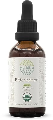 HerbEra Bitter Melon B60 USDA Organic Tincture | Alcohol-Free Extract, High-Potency Herbal Drops | Certified Organic Bitter Melon (Momordica Charantia) Dried Fruit (2 oz)