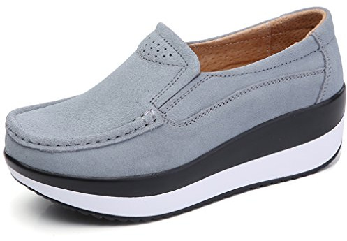 Solshine - Mocassini da donna in pelle scamosciata con zeppa e tacco a cuneo, leggeri, senza lacci, scarpe casual, sneakers, Grigio, 37 EU