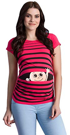 Vinkelvinkel baby – rolig rolig söt mammamode randig mammaskjorta med motiv för graviditeten graviditetströja kortärmad, Korall, XL
