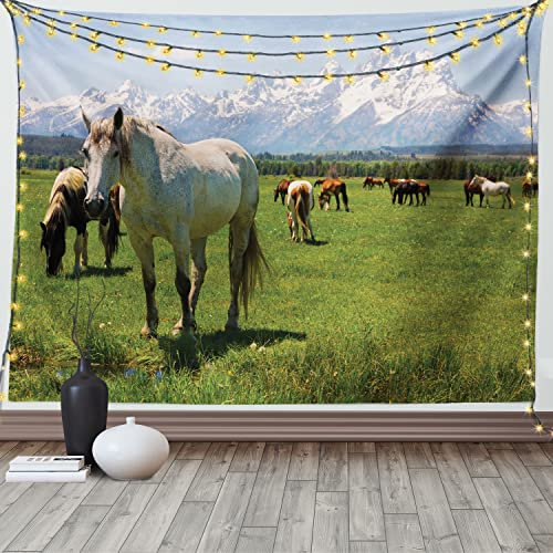 ABAKUHAUS Tier Wandteppich und Tagesdecke, Pferde aus Weiches Mikrofaser Stoff Waschbar ohne Verblassen Digitaldruck, 230 x 140 cm, Grün Weiß