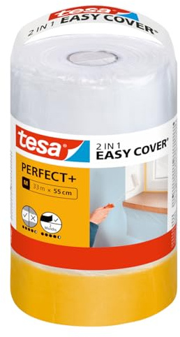 tesa Easy Cover Perfect+ Refill M - 2-i-1 maskeringsfolie med maskeringstejp gjort av Washi-papper - för maskering och täckning under målningsarbete - 33 m x 55 cm
