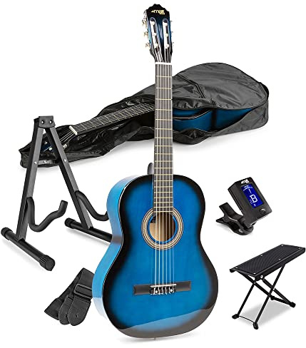 Starter Acoustic Guitar Kit with Stand & Footrest - Beginner Acoustic Guitars Bundle for Adults & Kids, Includes 6 Months Lessons, Blue Classical Acoustic Guitar Starter Package