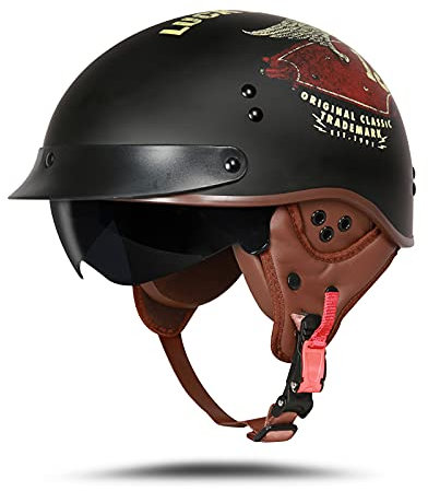 BOSERMEM Motorradhelm Mit Schutzbrille DOT/ECE-Zugelassen, Jet-Scooter Mofa Chopper Vintage (Mattschwarz Lucky, L 59-60cm)