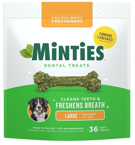 Minties Dental Chews for Dogs, 36 Count, Vet-Recommended Mint-Flavored Treats for Large Dogs Over 50 lbs, Dental Bones Clean Teeth, Fight Bad Breath, and Removes Plaque and Tartar