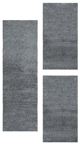 Carpetsale24 Bettumrandung Schlafzimmer 3 teilig Hochflor Teppich Hellgrau Bettvorleger Schlafzimmer Bettset: 2 St. 80x150 cm | 1 St. 80x250 cm - Einfarbiger 50 mm Flauschiger Teppich Läufer Set