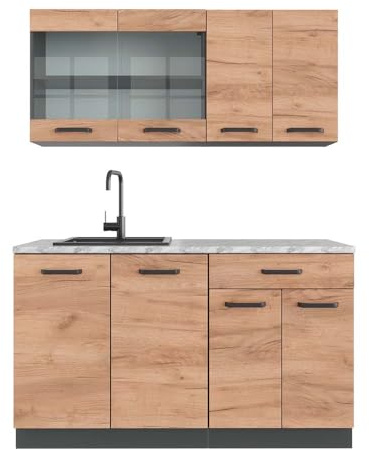 Vicco Singleküche R-Line, Goldkraft Eiche, 140 cm, AP Marmor, zur flexiblen Erweiterung mit weiteren Modulen geeignet