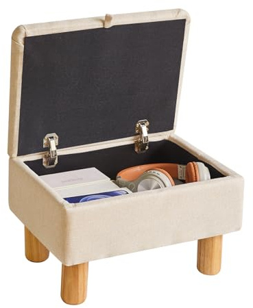 Aibiju Poggiapiedi con Contenitore, Piccolo Poggiapiedi Ottomano, Poggiapiedi in Tessuto con Gambe in Legno per Soggiorno Camera da Letto Ingresso, Beige, YD-JD1361