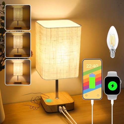 Touch Bedside Table Lamp,Dimmable Touch Control Nightstand Lamps with USB-C＆USB-A Charging Ports,Small Lamp Wood Base Beige Flaxen Fabric Shade for Bedroom,Living Room,Office,Dimmable Bulb Included
