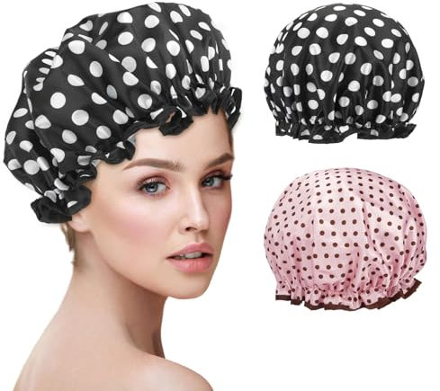 Duschhaube für Damen,2 Stück,wasserdichte und wiederverwendbare duschhauben,Punktmuster shower cap mit elastischem Band