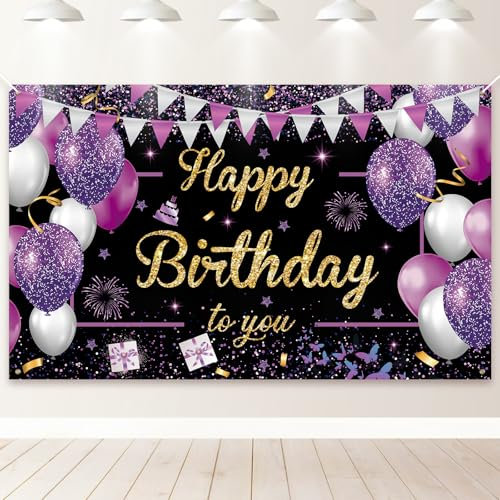 PartyYaa Geburtstag Banner, Happy Birthday Banner Deko, Extra Großes Geburtstag Party Fotoautomaten Hintergrund Dekoration Schild Poster für Männer und Frauen (Schwarz Lila)