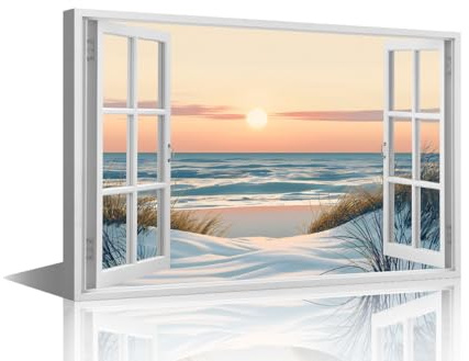 TISHIRON Canvas Wall Art for Bedroom Living Room Nature Landscape 3D Window View Modern Home Decor Beach Painting Pictures Office Wall Decor Contemporary House Artwork Frame Ready to Hang, 24x16in
