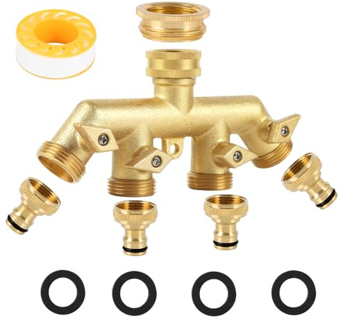 4 Way Brass Tap, Heavy Duty Outdoor Hose Splitter Water Pipe Manifold Individual Shut Valve with 4 Individual 3/4” Water tap and 3/4'' to 1/2'' Tap Connector for Garden Watering (Brass Handle)