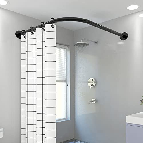 L-formad svart duschdraperistång, justerbar spänningsstång för hörnbadkar, tryckmonterad, passar 70–95 x 90–130 cm, perfekt för badrumsinredning och platsbesparande.