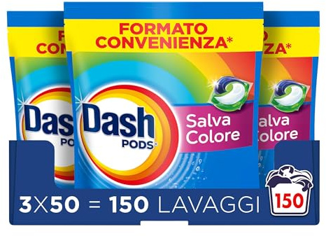Dash Pods Detersivo In Capsule, 3x50 Lavaggi, Salva Colore, Rimuove Le Macchie, Igienizza, Brillantezza Per I Capi
