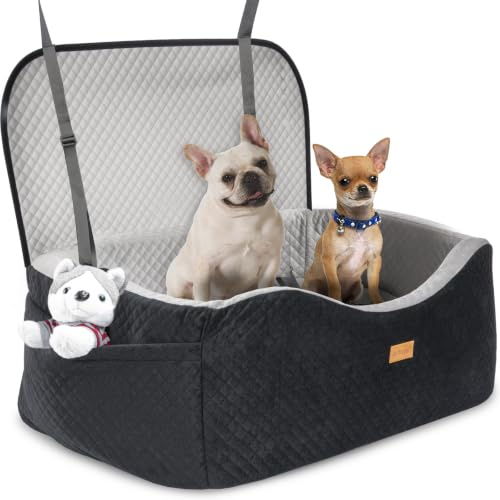 Hundbilstol för stora hundar upp till 25 kg eller 2 små hundar med 10 cm minnesskum, baksäte medium husdjursbälte med trippel säkerhetsbälten, justerbara koppel, avtagbar/tvättbar (svart/grå, stor)