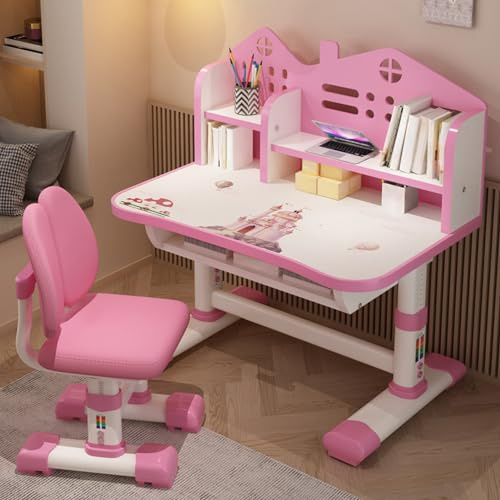 Kids Desk and Chair Set, Height Adjustable Student Writing Desk, Children School Study Table with Storage Drawer, Shelves, Bookstand, Hook, for Studying, Reading, Drawing, for Ages 3-18 Years (Pink E)