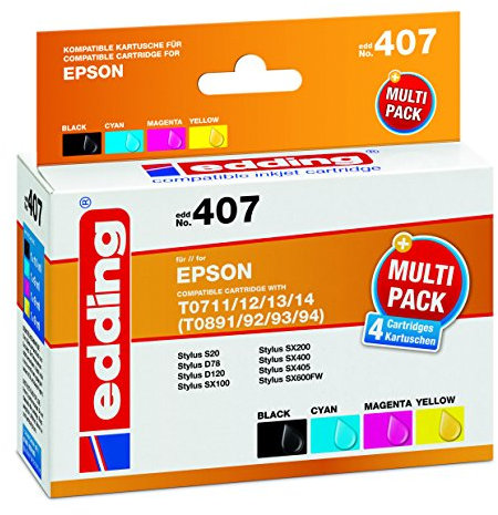 edding Druckerpatrone EDD-407 - Multipack 4 - Schwarz, Cyan, Magenta, Gelb - 4x 9ml - Reichweite 1x 270 3x 340 Seiten - Ersetzt Epson T0711/T0712/T0713/T0714