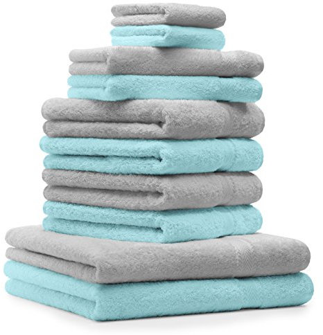 Betz Premium Handtuch-Set 10-teilig – 100% Baumwolle – Oeko-TEX® Zertifiziert – saugfähig&weich – 470g/m² – Duschtücher, Handtücher, Gästetücher & Waschhandschuhe – Farbe türkis und Silbergrau