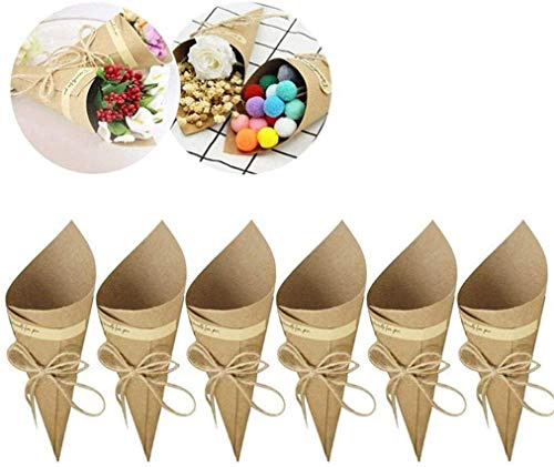 Shalwinn 50 Conos de Papel Kraft + 50 Cuerdas + 50 Pegatinas Paquetes para Caramelos, Arroz, Cajas para Caramelos de Boda