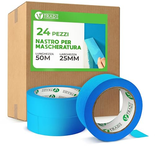 V1 TRADE Cinta adhesiva de 50 mm x 25 m, 24 unidades, universal, útil para pintar, fácil de quitar, cinta adhesiva de pintor, resistente al agua, color azul