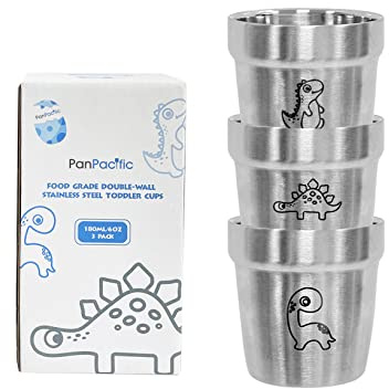 PanPacific Kinderbecher Set (180ml), 3 Arten von Dinosauriermustern, Edelstahl Becher doppellagiger für Jungen und Mädchen, Metall Trinkbecher Kinder Camping Tasse Outdoor Wandern Kaffeebecher