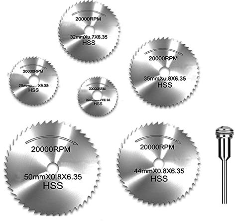 Cutting Wheel Set for Rotary Tool,6pcs 1/8 HSS High Speed Steel Circular Saw Blades with Shank Extension Rod for Wood Plastic Metal Cutting