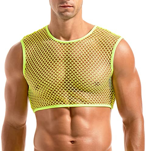 Amy Coulee Men's Fishnet Crop Top Sleeveless Mesh Vest | Lightweight Stretch Fabric, Crew Neck and Cropped Length, Large Mesh Design, Nightclub Party Costume Wear, Hand Wash Only