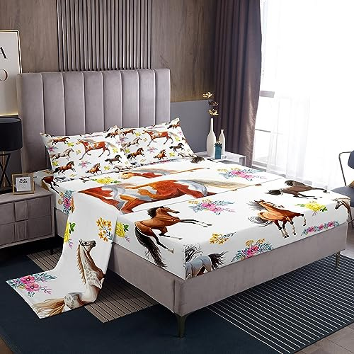 Set di lenzuola per ragazze e ragazzi, per letto singolo, con simpatici animali, cavalli e fiori, con tasca profonda, decorazioni per la stanza, amanti dei cavalli, set di biancheria da letto bianco