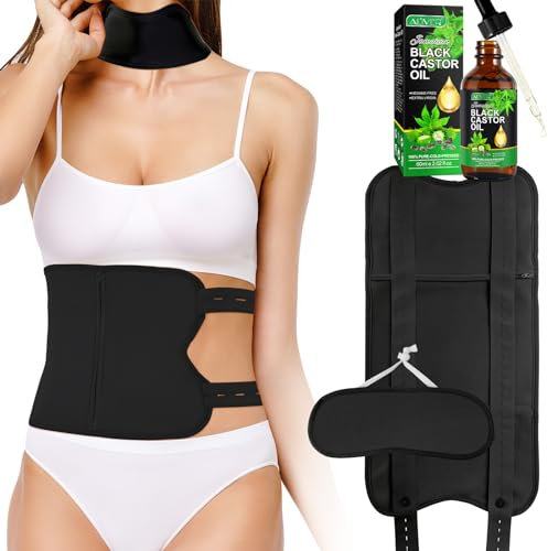 Rizinusöl-Packung, Bio-Rizinusöl-Packung für die Leber, waschbares Rizinusöl-Packungsset, Rizinusöl-Packungswickel mit verstellbarem Riemen (Rizinusöl 60 ml im Lieferumfang enthalten), Schwarz