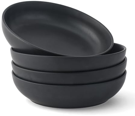 JoyJolt Mesa 40oz Stoneware Serving Bowls, Pasta Bowls Set of 4, Large Salad Pho Soup Bowls for Kitchen, Dishwasher and Microwave Safe Plate Bowls, Aesthetic Kitchen Essentials - Matte Black