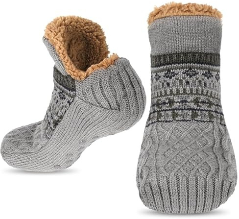 flintronic 1 pare Calcetines Antideslizantes Invierno para Hombre, Calcetines de Piso más Forro Polar Grueso para Mantener el calor, Calcetine Invierno Antideslizantes Gordos con Forro Polar, Gris