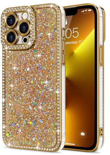 Lafunda Glitzer Hülle Kompatibel mit iPhone 13 Pro Max Handyhülle Mädchen Schuzhülle Glänzend Sparkle Diamond Hülle 3D Bling Kirstall mit Kameraschutz Case für iPhone 13 Pro Max Gold