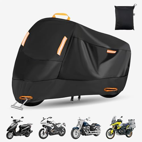 Heavy-Duty Motorcycle Cover, 420D Oxford Motorbike Waterproof Case - Night Reflective Design with Lock-Holes, Extra-Thick Outdoor Dust Cover - All Season Protection, UV Protection (3XL: 104)