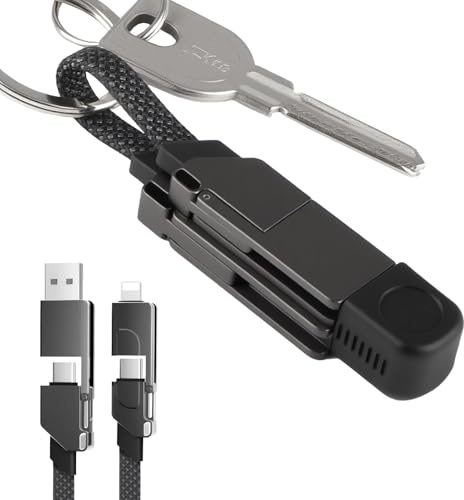 AHRLIC 4-in-1 USB Charging Cable Keychain – Zinc Alloy, Multi-Adapter Charger Cord for USB, Type-C, Micro USB, iOS Port Devices – 60W Fast Charging, Magnetic Stretchable Travel Cable (Dark Gray)