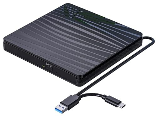 Asyduey Unidad de CD/DVD Externa para Computadora PortáTil, USB 3.0 y Tipo C, Grabadora de CD DVD +/-RW PortáTil, Lector de Unidad óPtica, Grabadora, Reproductor de DVD