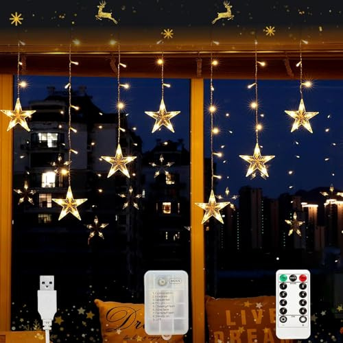 Lypumso Cortina de Luces Estrellas, 3M LED Luces de Navidad 8 Modos con Timer, Gancho, 120LEDs Guirnalda Navidad Batería/USB IP44, para Decoracion Navideña Interior Exterior, Ventana, Balcón, Fiesta