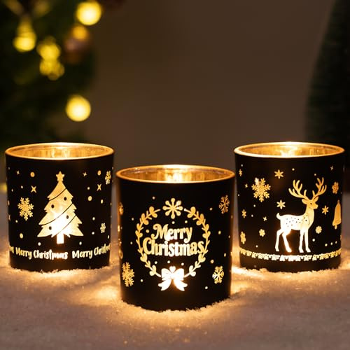 Larcenciel 3 Porta Candele Natalizio,Nero Oro Portacandele Vetro,Porta Candele con Motivi di Renne e Alberi di Natale,Vaso e Portapenne,Candelabro Vintage per Decorazioni Casa,Festa,Tavola di Natale