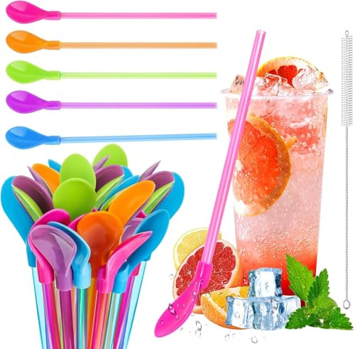 25 Pezzi Cucchiai Di Paglia, Riutilizzabili 2 In1 Cucchiaio Di Paglia, Colorate Lungo-Cucchiaio Cocktail, Plastica Cannucce Con Cucchiaio,Cucchiaino Bambini per Cocktail,Frullati,Bevande,Freddo