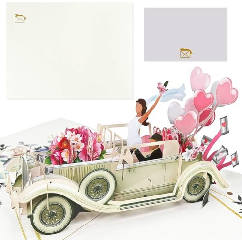 JynxtoyZeal Tarjeta de Boda Pop Up 3D Just Married Tarjetas Felicitacion Boda con Sobre Tarjeta de Coche de Bodas con Novia y Novio Regalo de Dinero para Viajes de Bodas Compromiso Aniversario
